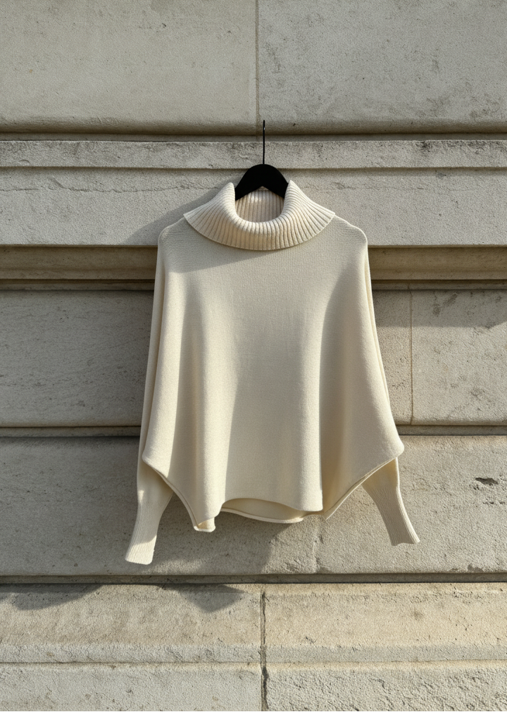 White turtleneck sweater hanging against a stone wall