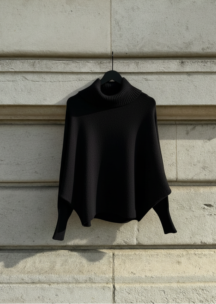 Black sweater hanging on a light stone wall