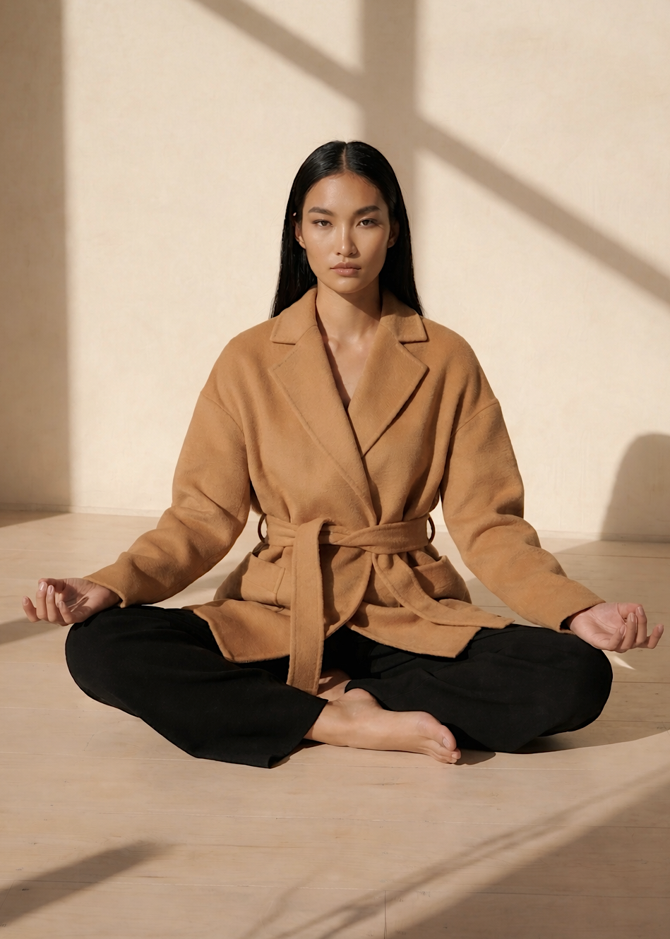 Woman in a beige coat sitting in a meditative pose on a light wooden floor with a neutral wall background.