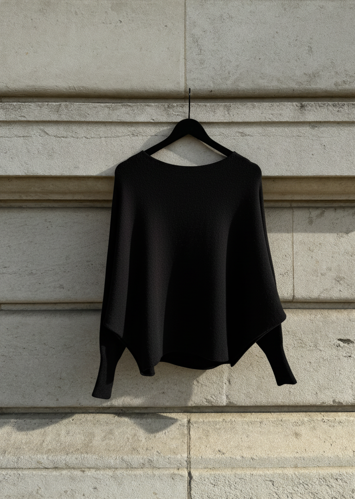 Black sweater on a hanger against a stone wall