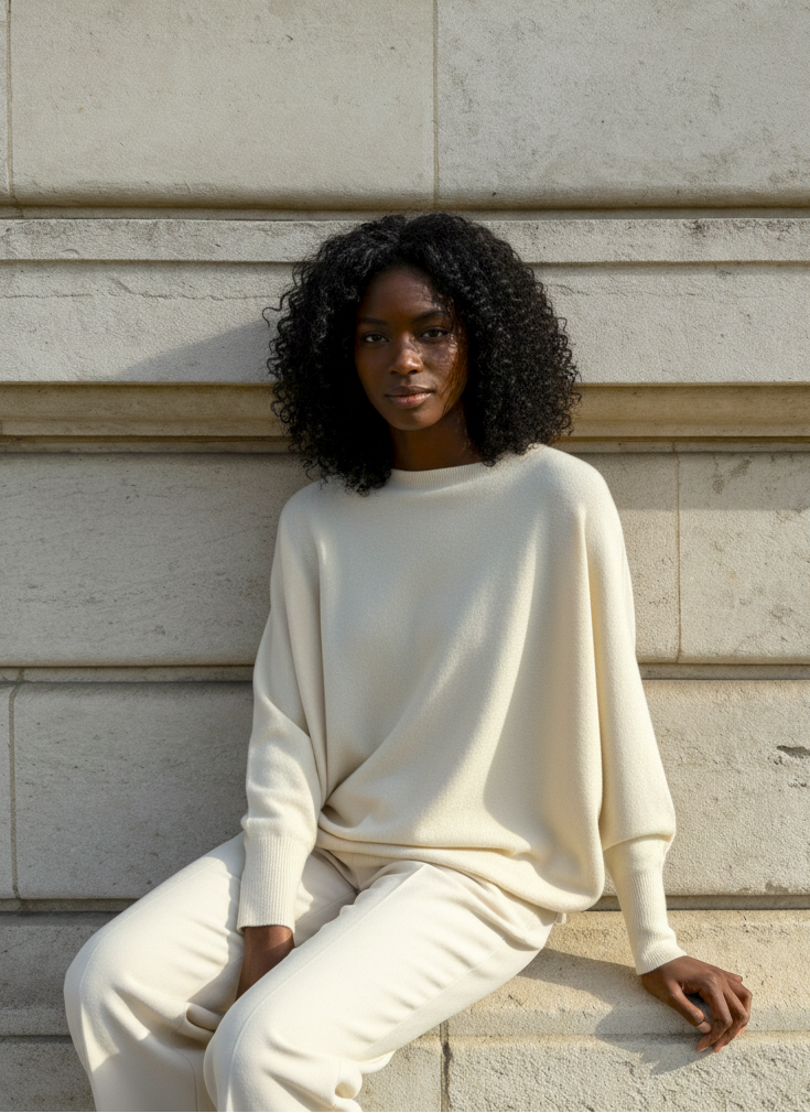 Woman in a white outfit sitting against a stone wall