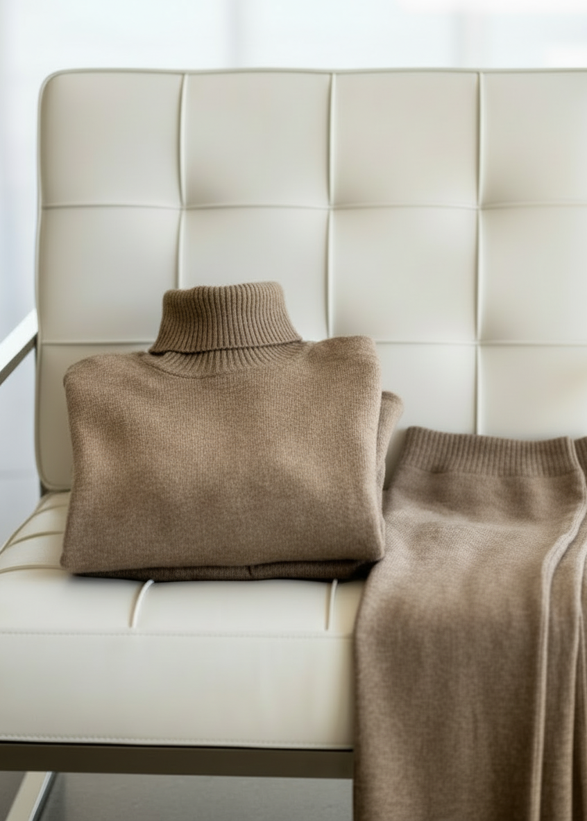 Brown sweater and pants on a beige sofa with a white background