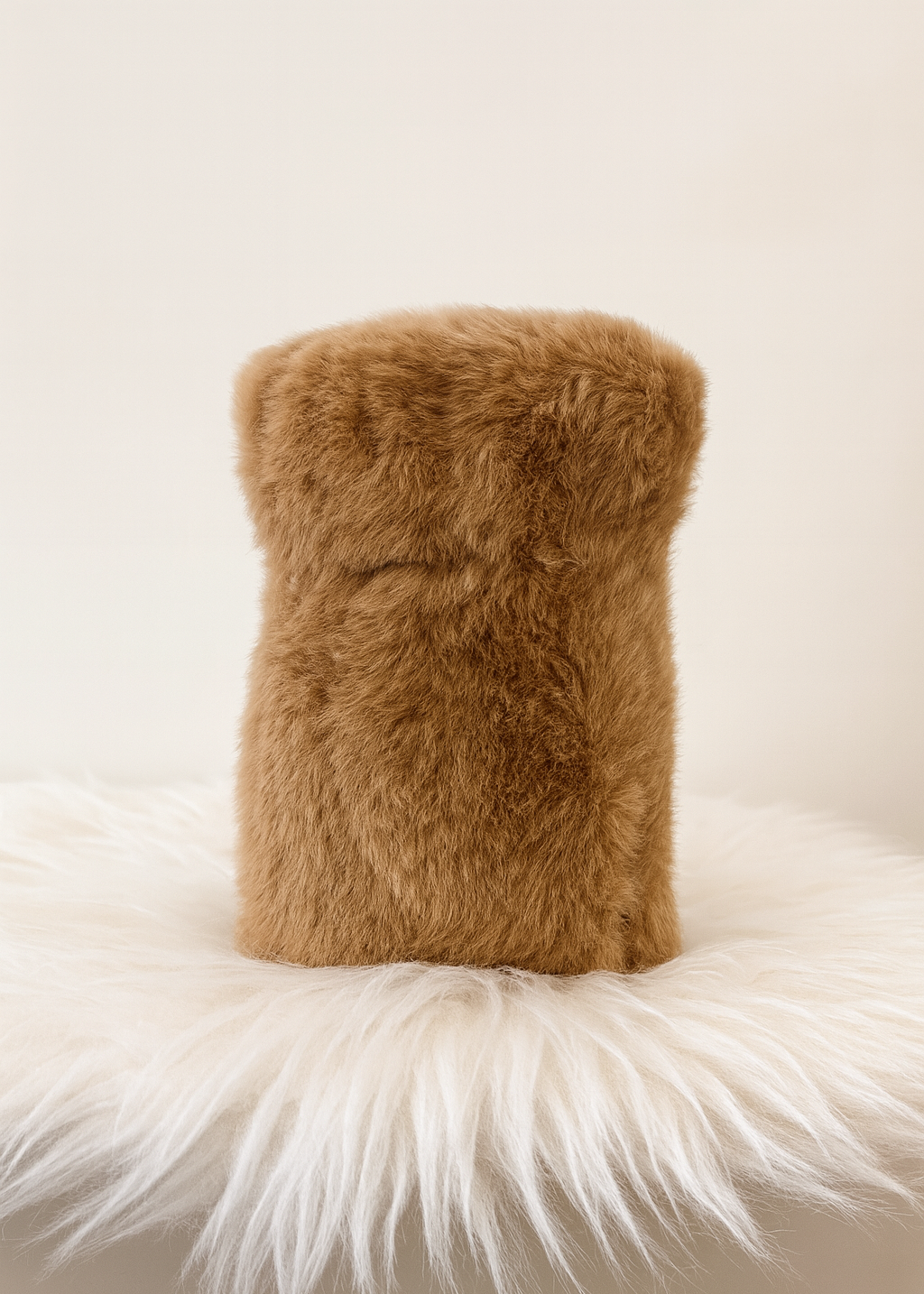 Brown faux fur pillow on a white fur surface