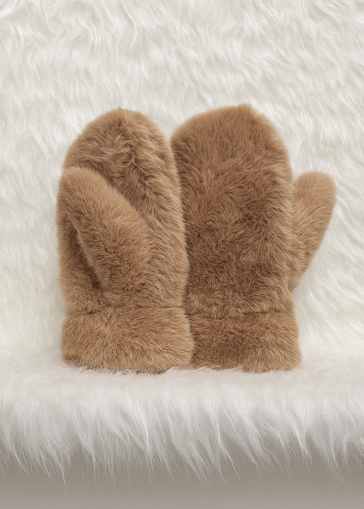 Pair of brown fuzzy mittens on a white fur surface