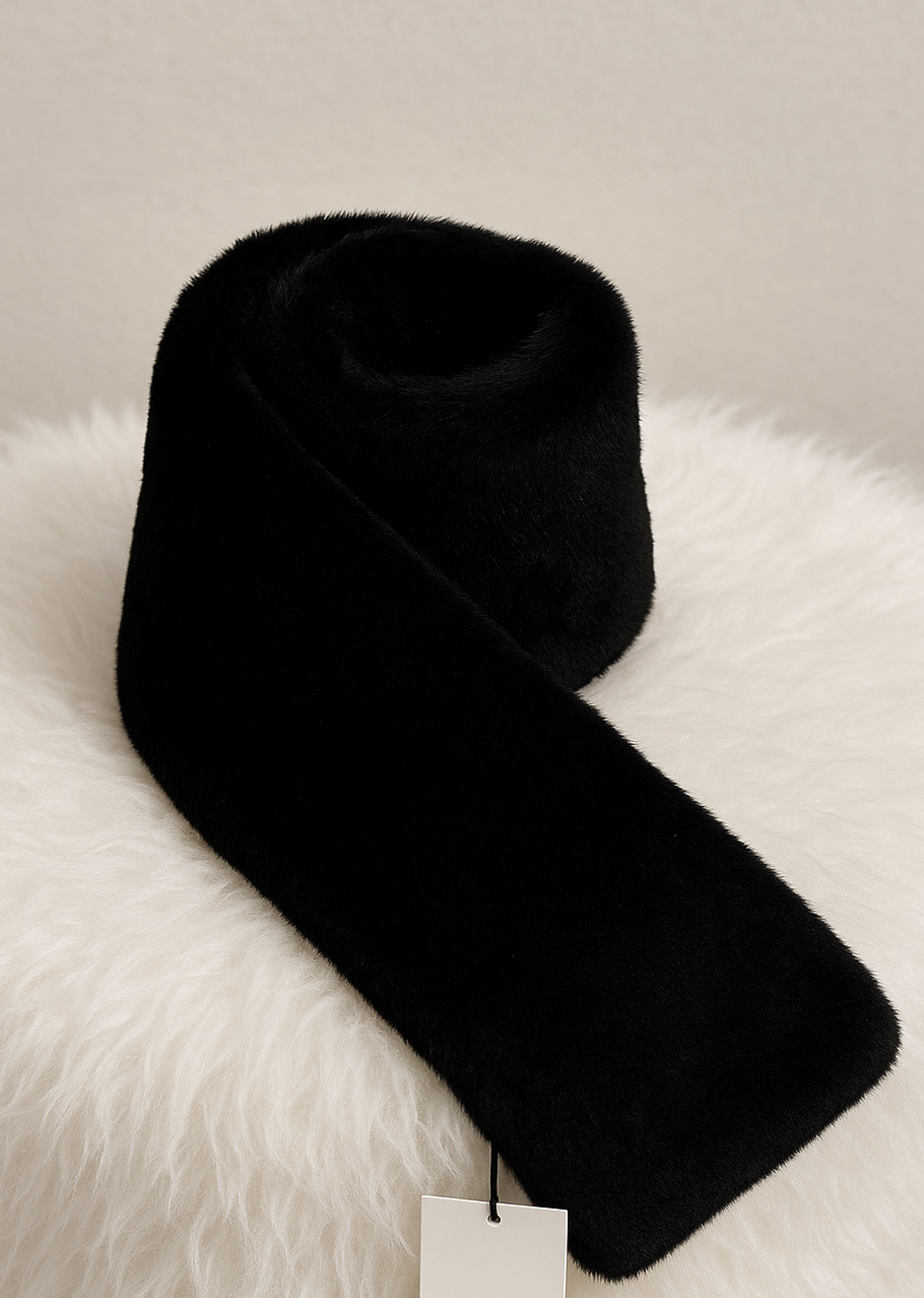 Black scarf with a tag on a white fur surface