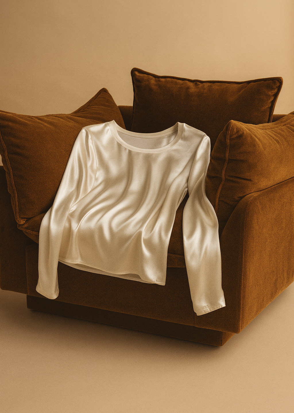 White long-sleeve shirt on a brown sofa with a neutral background