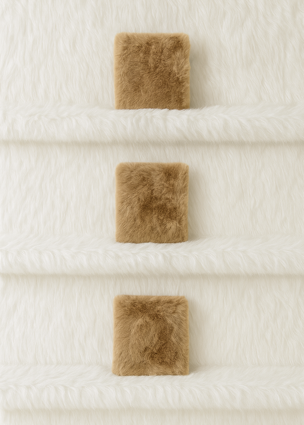 Three brown square cushions on a textured white surface