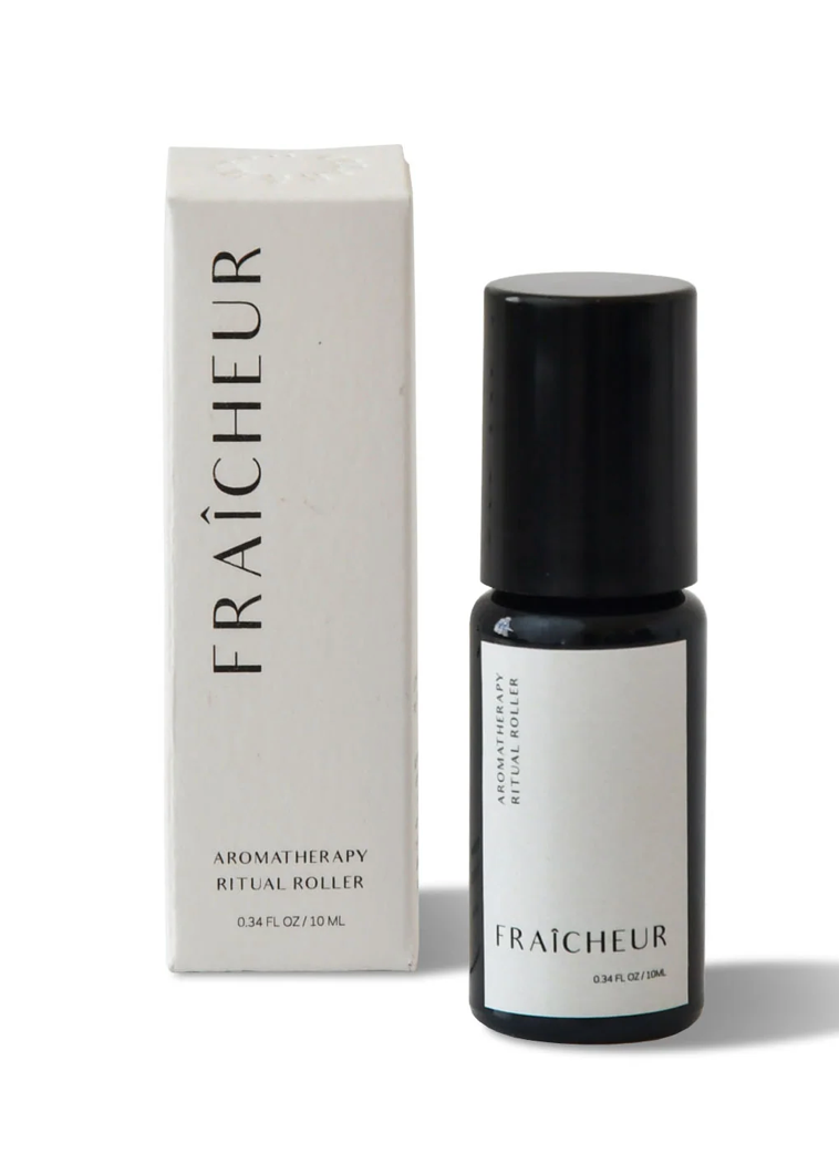 Fraçècheur aromatherapy roller bottle and packaging on a white background