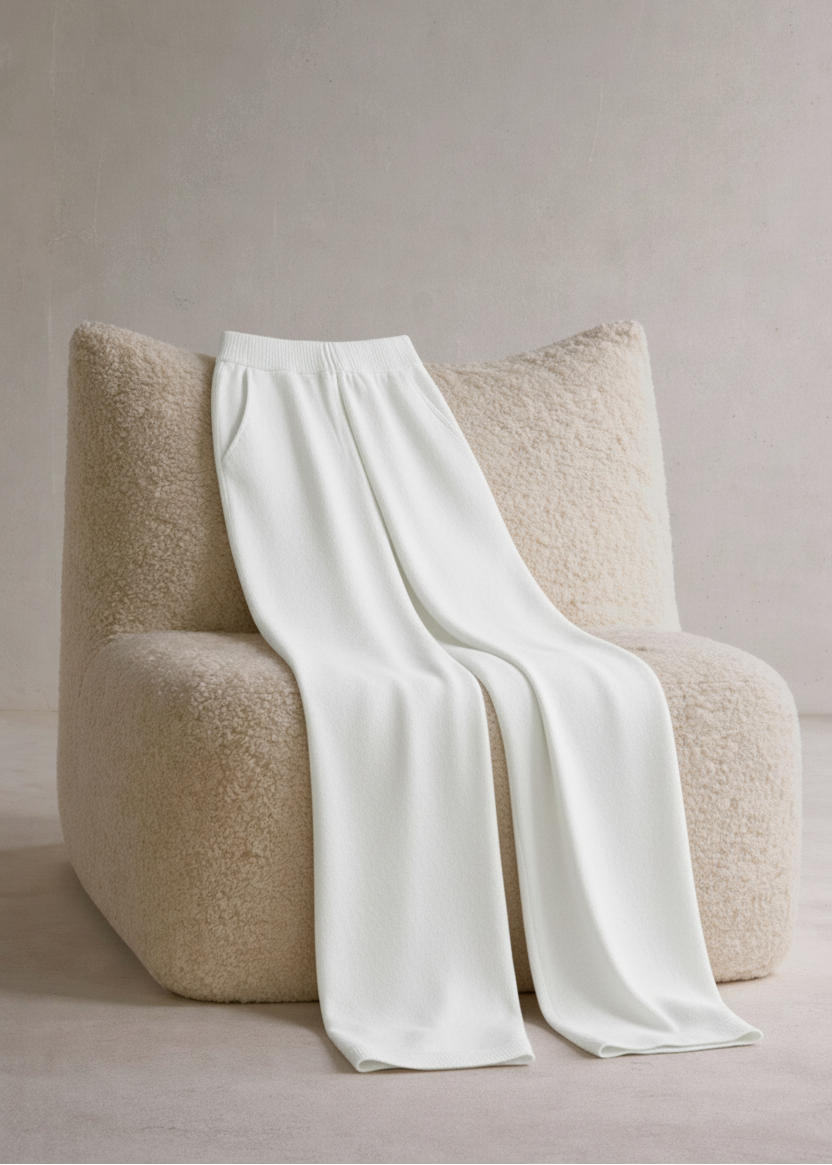 White blanket draped over a beige armchair against a plain background