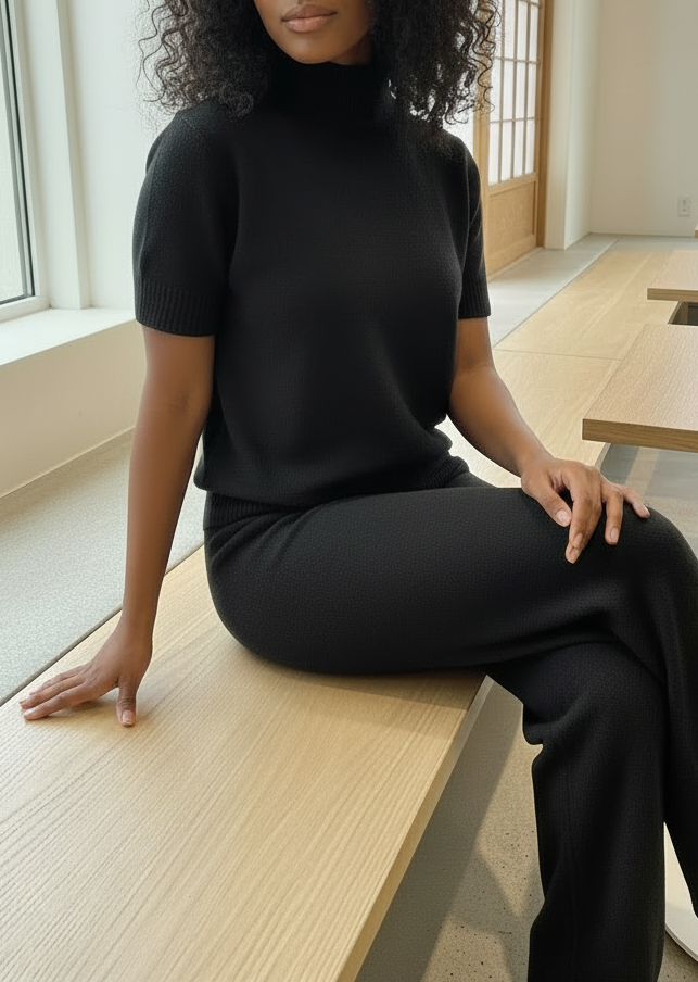 Woman in black outfit sitting on a wooden bench in a modern indoor setting
