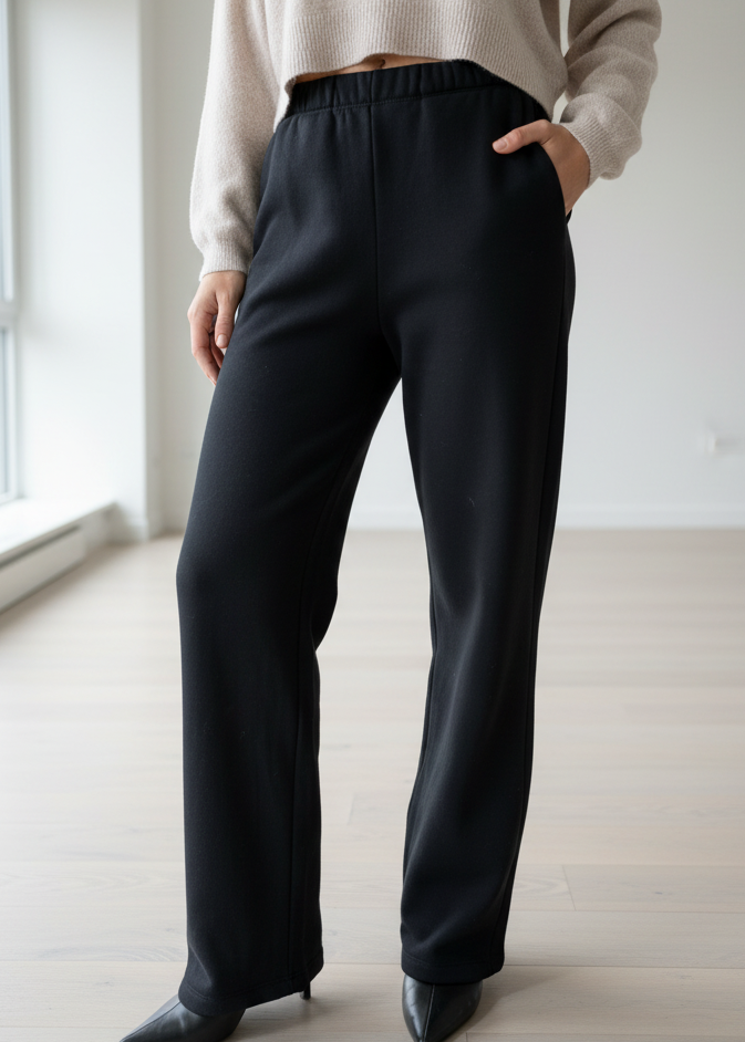 Person wearing black pants and a beige sweater in a minimalistic room with large windows.