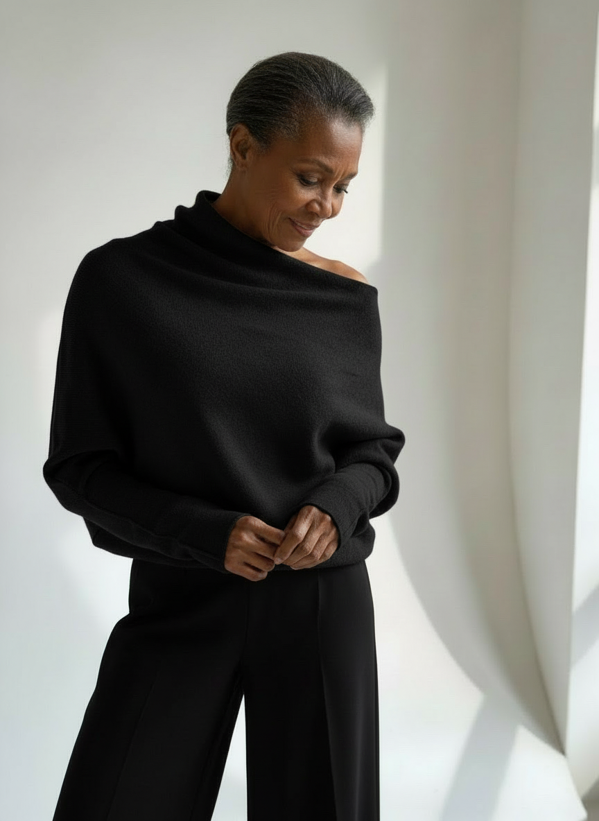 Person wearing a black off-shoulder top and black pants against a white background
