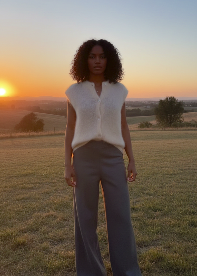 Person wearing a white fur vest and gray pants standing in a field at sunset.