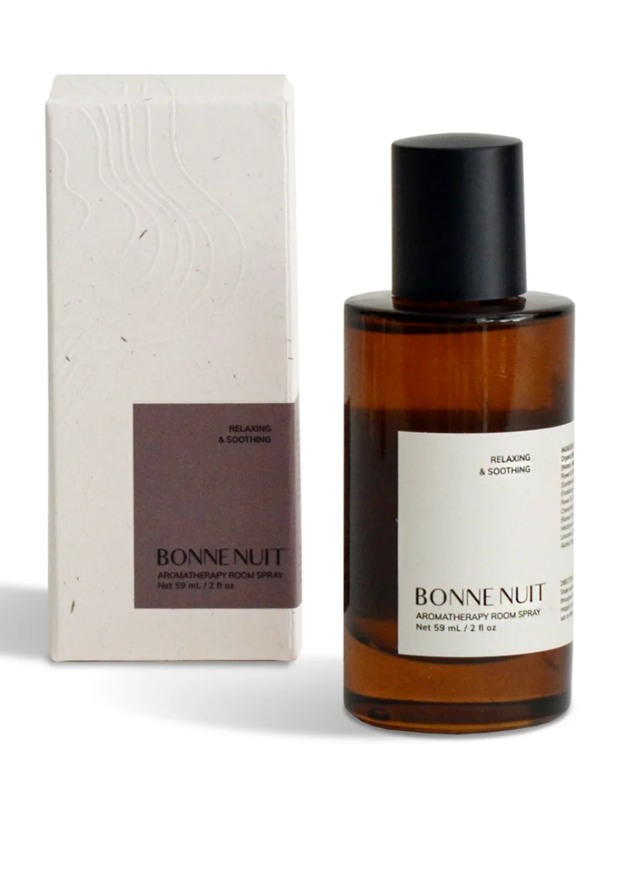 Bottle and box of Bonne Nuit aromatherapy room spray on a white background