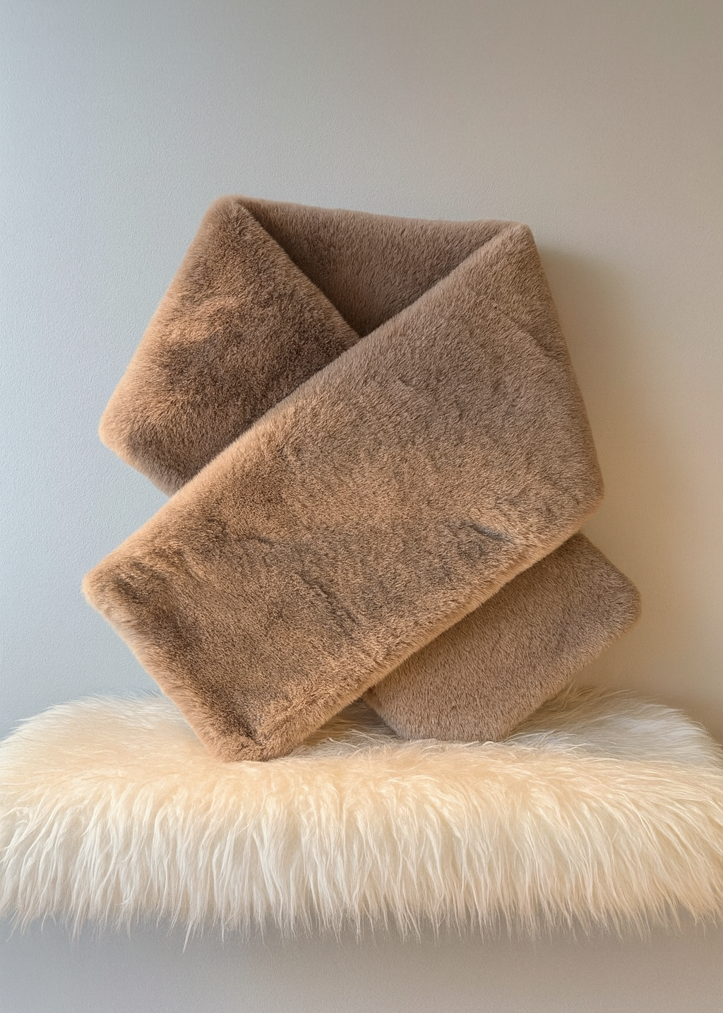 Stack of brown textured towels on a white surface with a light gray background