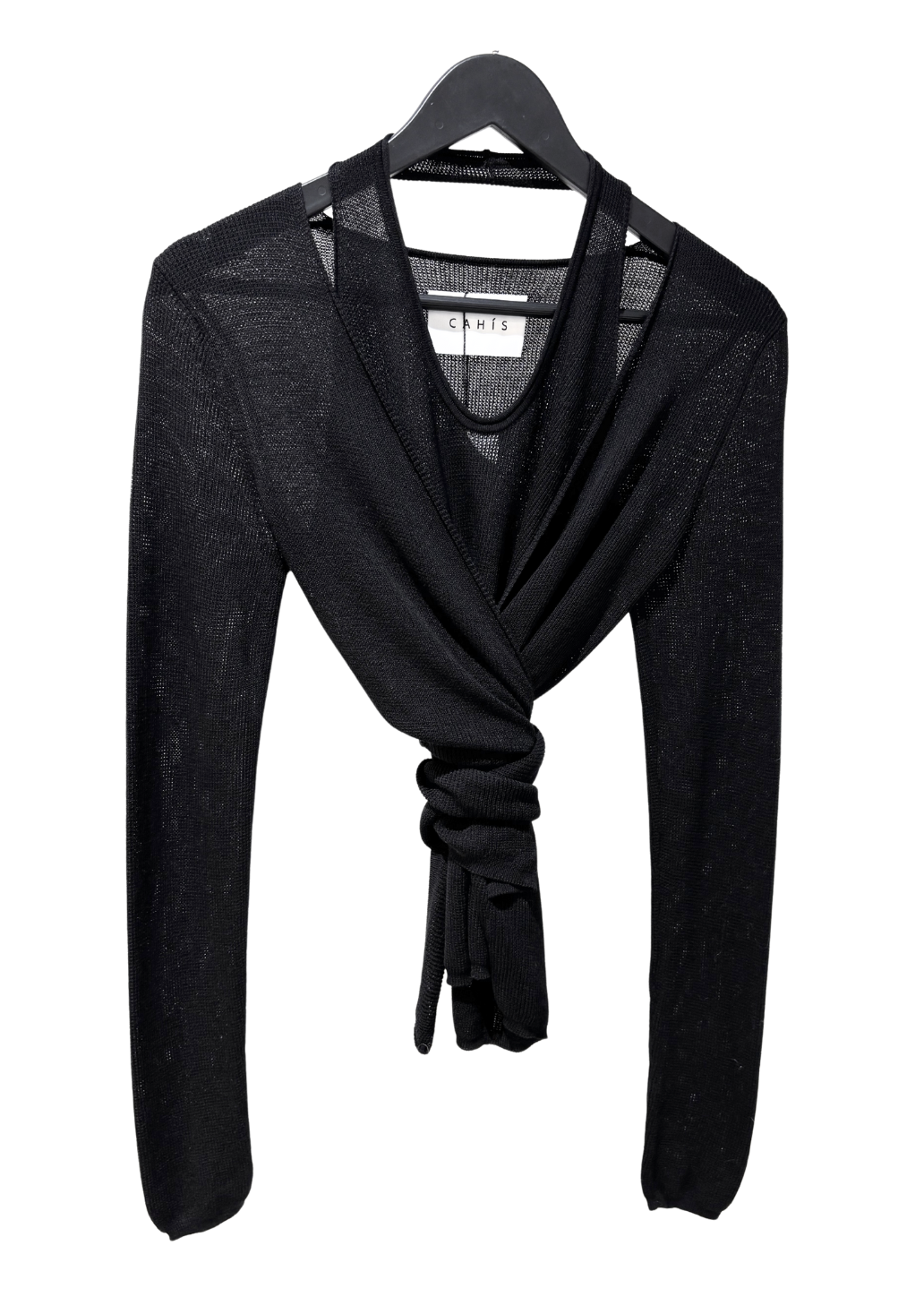 Black long-sleeve top on a hanger against a white background