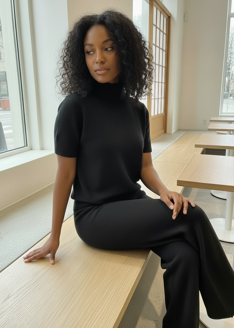 Woman in black outfit sitting on a wooden bench in a modern indoor setting