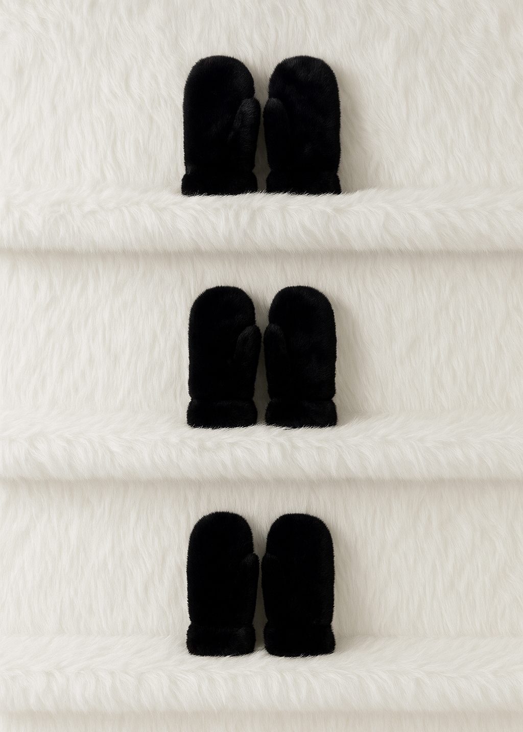 Black mittens arranged on a textured white surface